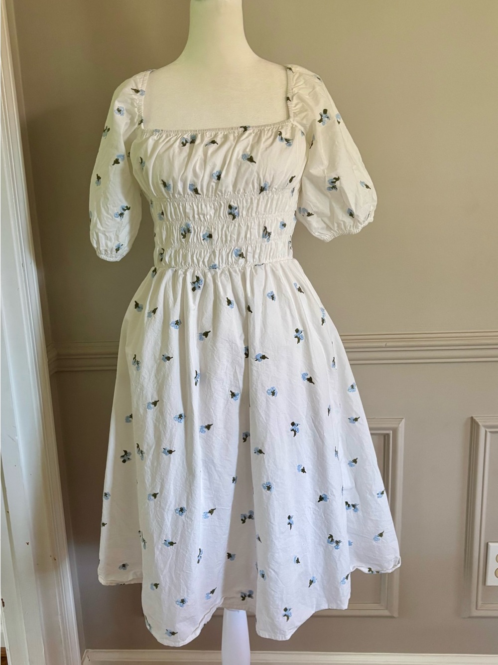 White Smocked Puff Sleeve Midi Dress with Blue Floral Print